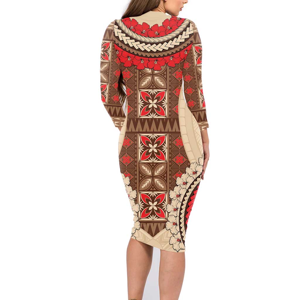 Samoa Language Week Family Matching Long Sleeve Bodycon Dress and Hawaiian Shirt Samoan Motif With Red Hibiscus LT05 - Polynesian Pride