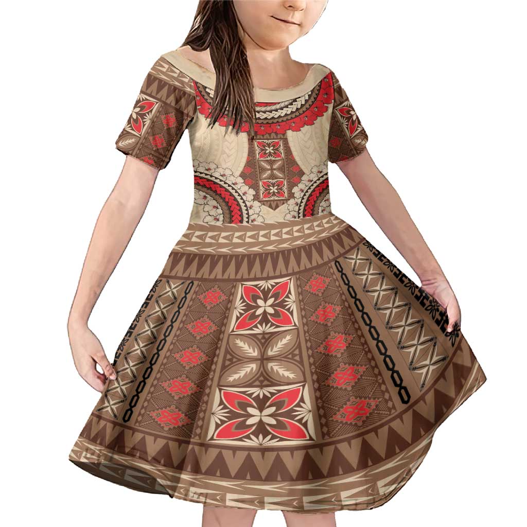 Samoa Language Week Family Matching Mermaid Dress and Hawaiian Shirt Samoan Motif With Red Hibiscus LT05 Daughter's Dress Beige - Polynesian Pride