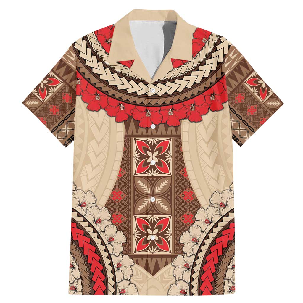 Samoa Language Week Family Matching Mermaid Dress and Hawaiian Shirt Samoan Motif With Red Hibiscus LT05 Dad's Shirt - Short Sleeve Beige - Polynesian Pride