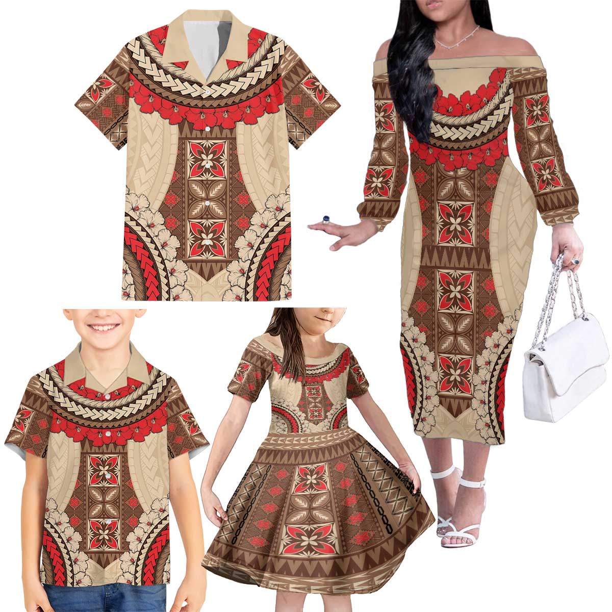 Samoa Language Week Family Matching Off The Shoulder Long Sleeve Dress and Hawaiian Shirt Samoan Motif With Red Hibiscus LT05 - Polynesian Pride