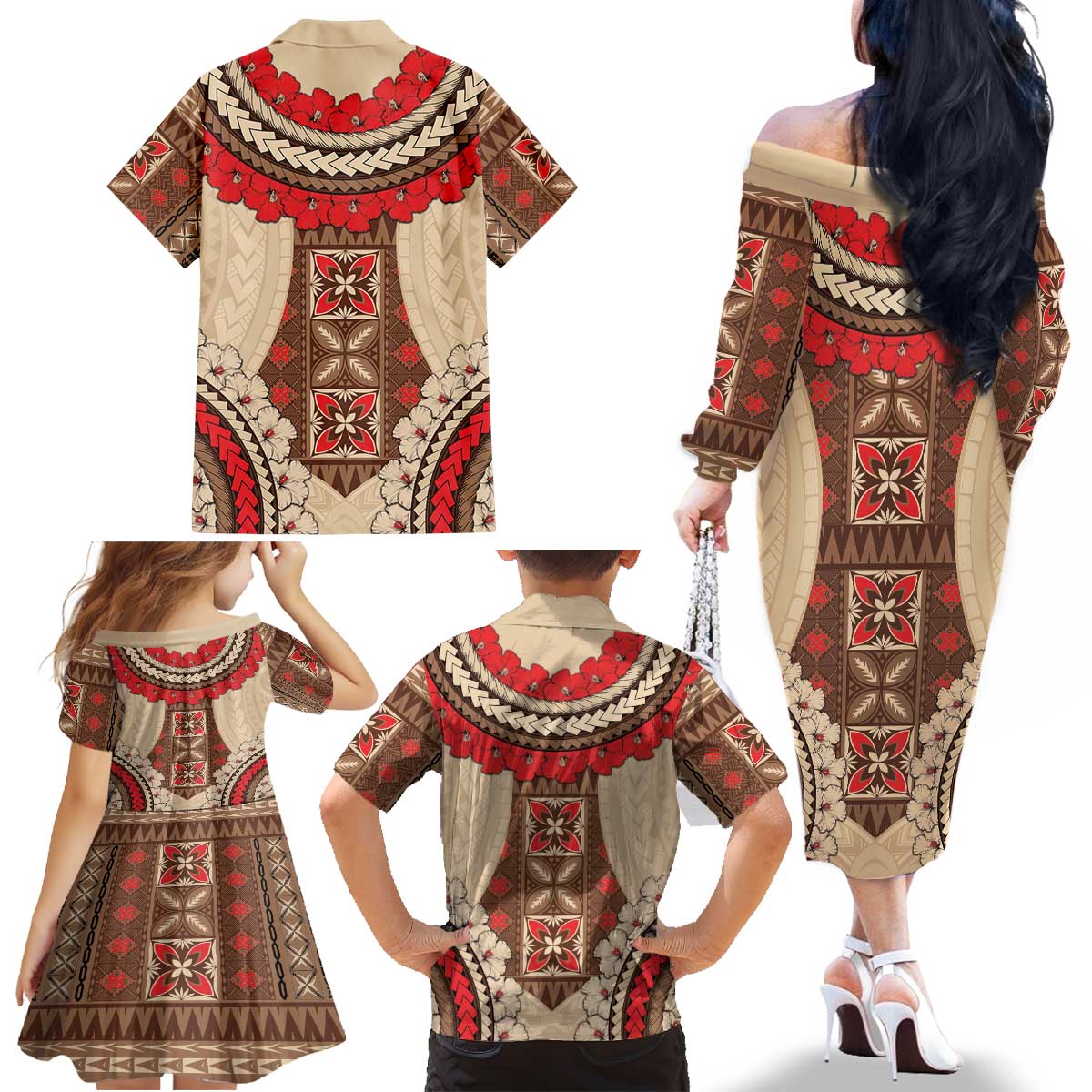 Samoa Language Week Family Matching Off The Shoulder Long Sleeve Dress and Hawaiian Shirt Samoan Motif With Red Hibiscus LT05 - Polynesian Pride