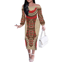 Samoa Language Week Family Matching Off The Shoulder Long Sleeve Dress and Hawaiian Shirt Samoan Motif With Red Hibiscus LT05 Mom's Dress Beige - Polynesian Pride