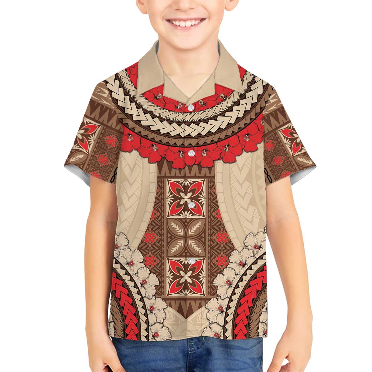 Samoa Language Week Family Matching Off The Shoulder Long Sleeve Dress and Hawaiian Shirt Samoan Motif With Red Hibiscus LT05 Son's Shirt Beige - Polynesian Pride