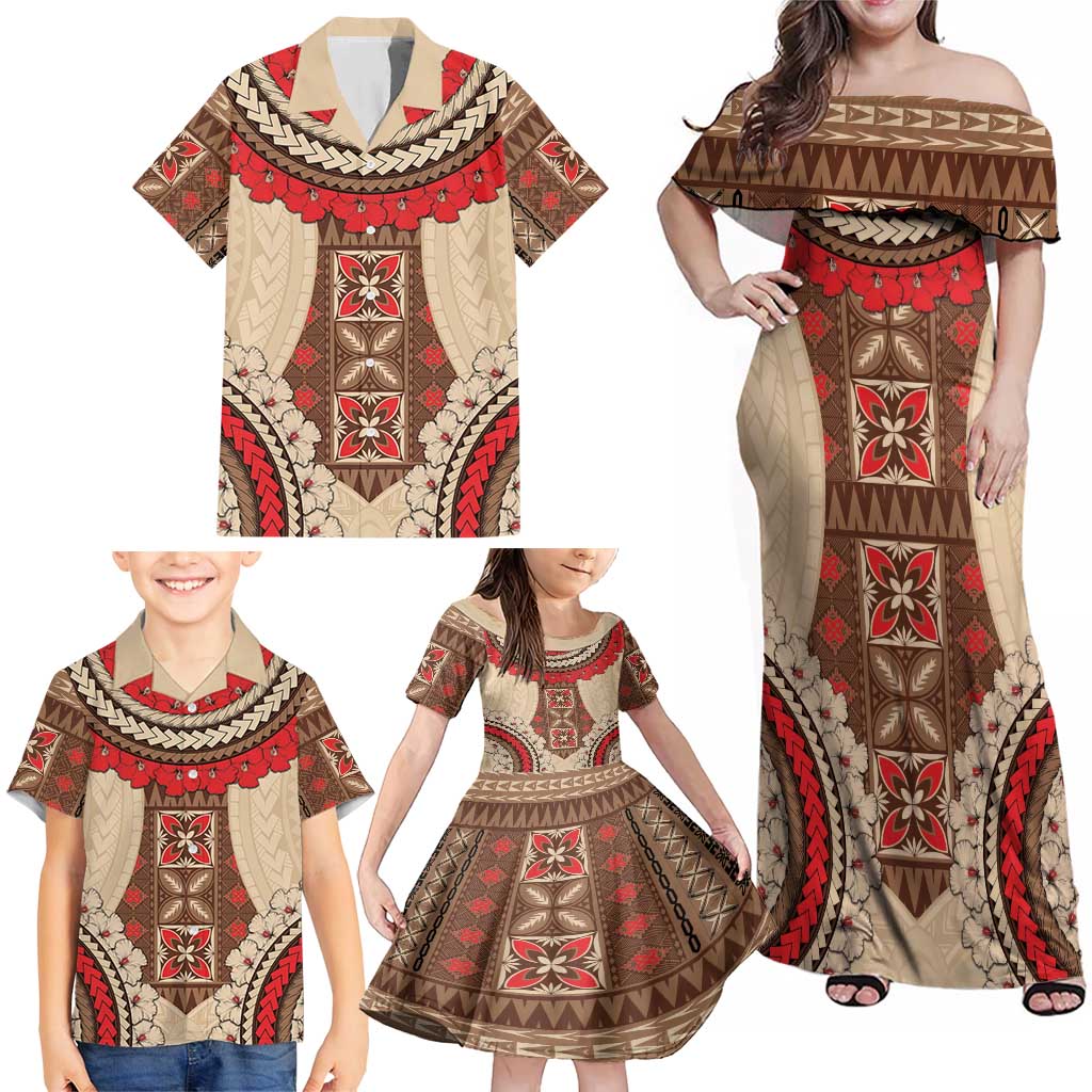 Samoa Language Week Family Matching Off Shoulder Maxi Dress and Hawaiian Shirt Samoan Motif With Red Hibiscus LT05 - Polynesian Pride