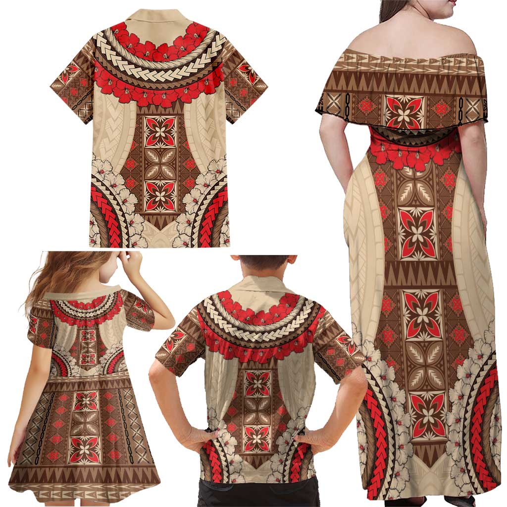 Samoa Language Week Family Matching Off Shoulder Maxi Dress and Hawaiian Shirt Samoan Motif With Red Hibiscus LT05 - Polynesian Pride