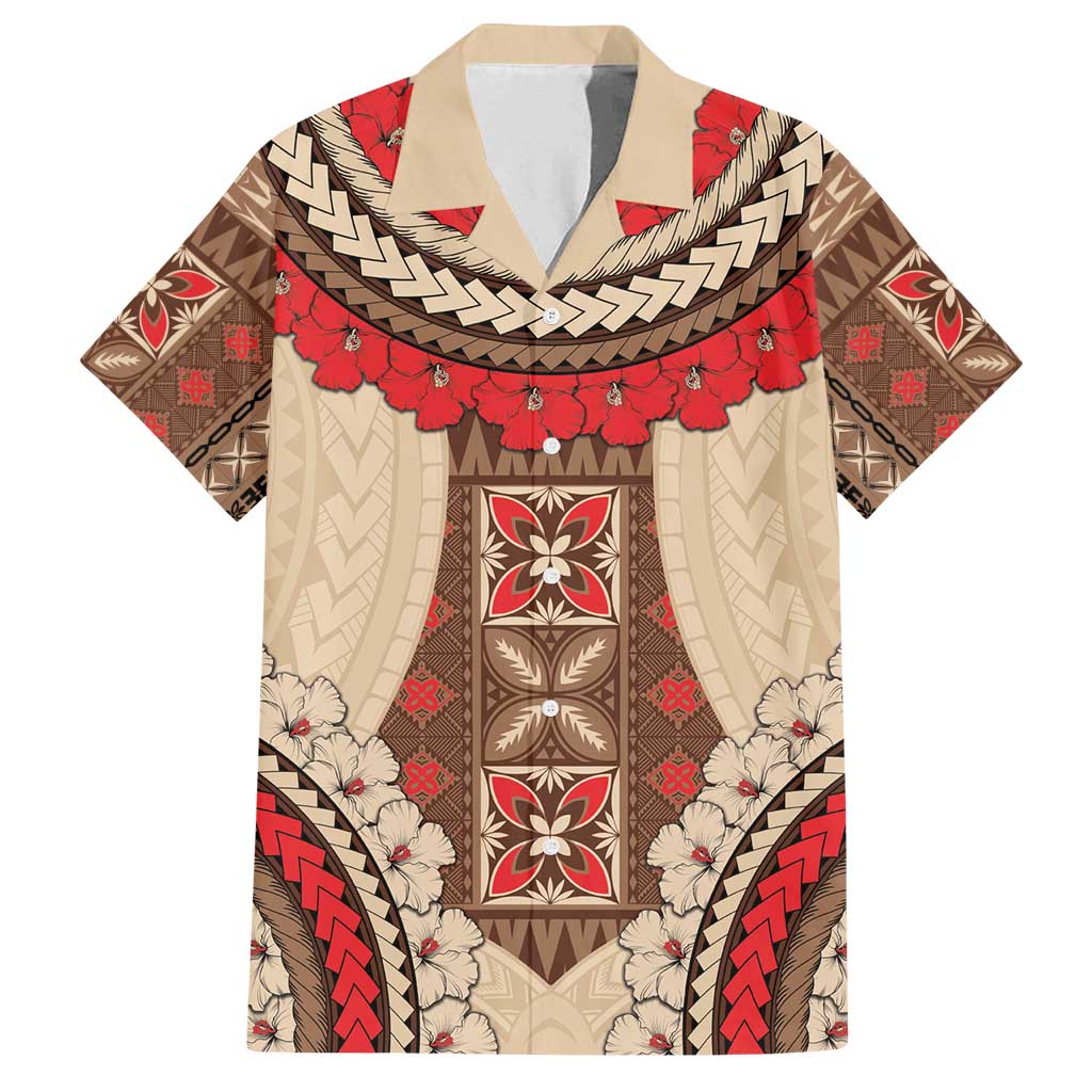 Samoa Language Week Family Matching Off Shoulder Maxi Dress and Hawaiian Shirt Samoan Motif With Red Hibiscus LT05 Dad's Shirt - Short Sleeve Beige - Polynesian Pride