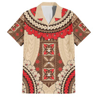 Samoa Language Week Family Matching Off Shoulder Maxi Dress and Hawaiian Shirt Samoan Motif With Red Hibiscus LT05 Dad's Shirt - Short Sleeve Beige - Polynesian Pride