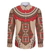 Samoa Language Week Family Matching Off Shoulder Maxi Dress and Hawaiian Shirt Samoan Motif With Red Hibiscus LT05 Dad's Shirt - Long Sleeve Beige - Polynesian Pride