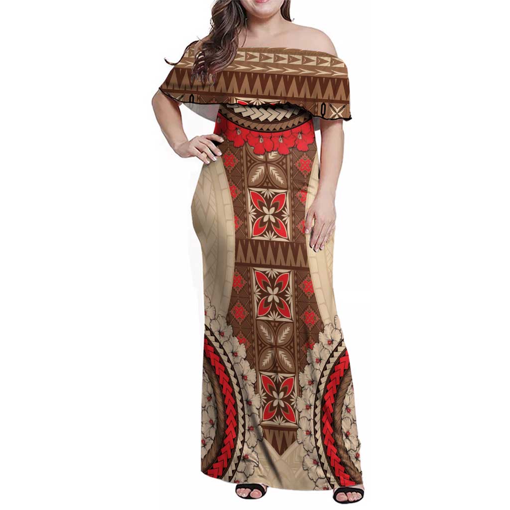 Samoa Language Week Family Matching Off Shoulder Maxi Dress and Hawaiian Shirt Samoan Motif With Red Hibiscus LT05 Mom's Dress Beige - Polynesian Pride