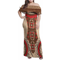 Samoa Language Week Family Matching Off Shoulder Maxi Dress and Hawaiian Shirt Samoan Motif With Red Hibiscus LT05 Mom's Dress Beige - Polynesian Pride