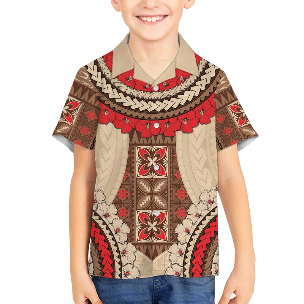 Samoa Language Week Family Matching Off Shoulder Maxi Dress and Hawaiian Shirt Samoan Motif With Red Hibiscus LT05 Son's Shirt Beige - Polynesian Pride