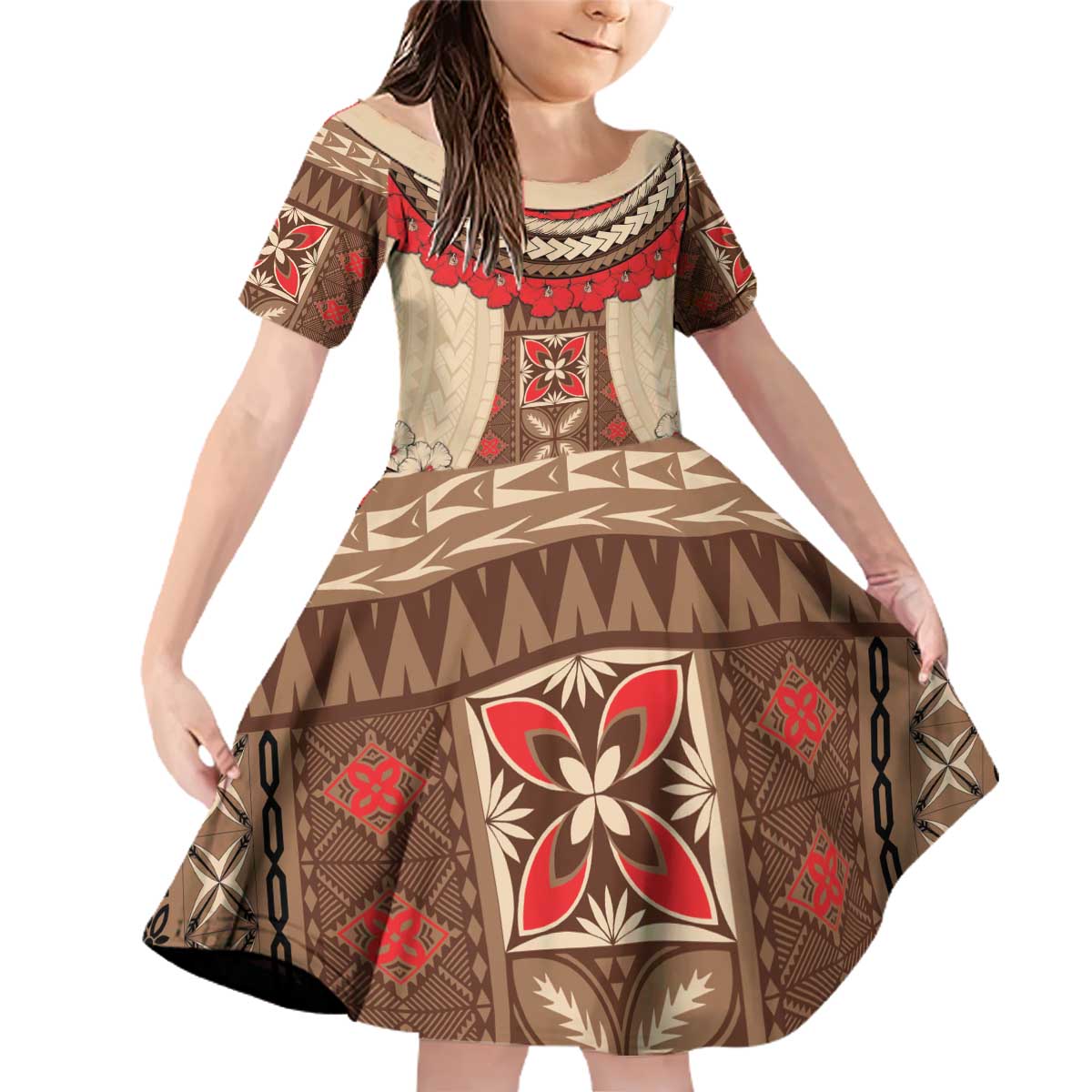 Samoa Language Week Family Matching Off Shoulder Short Dress and Hawaiian Shirt Samoan Motif With Red Hibiscus LT05 Daughter's Dress Beige - Polynesian Pride