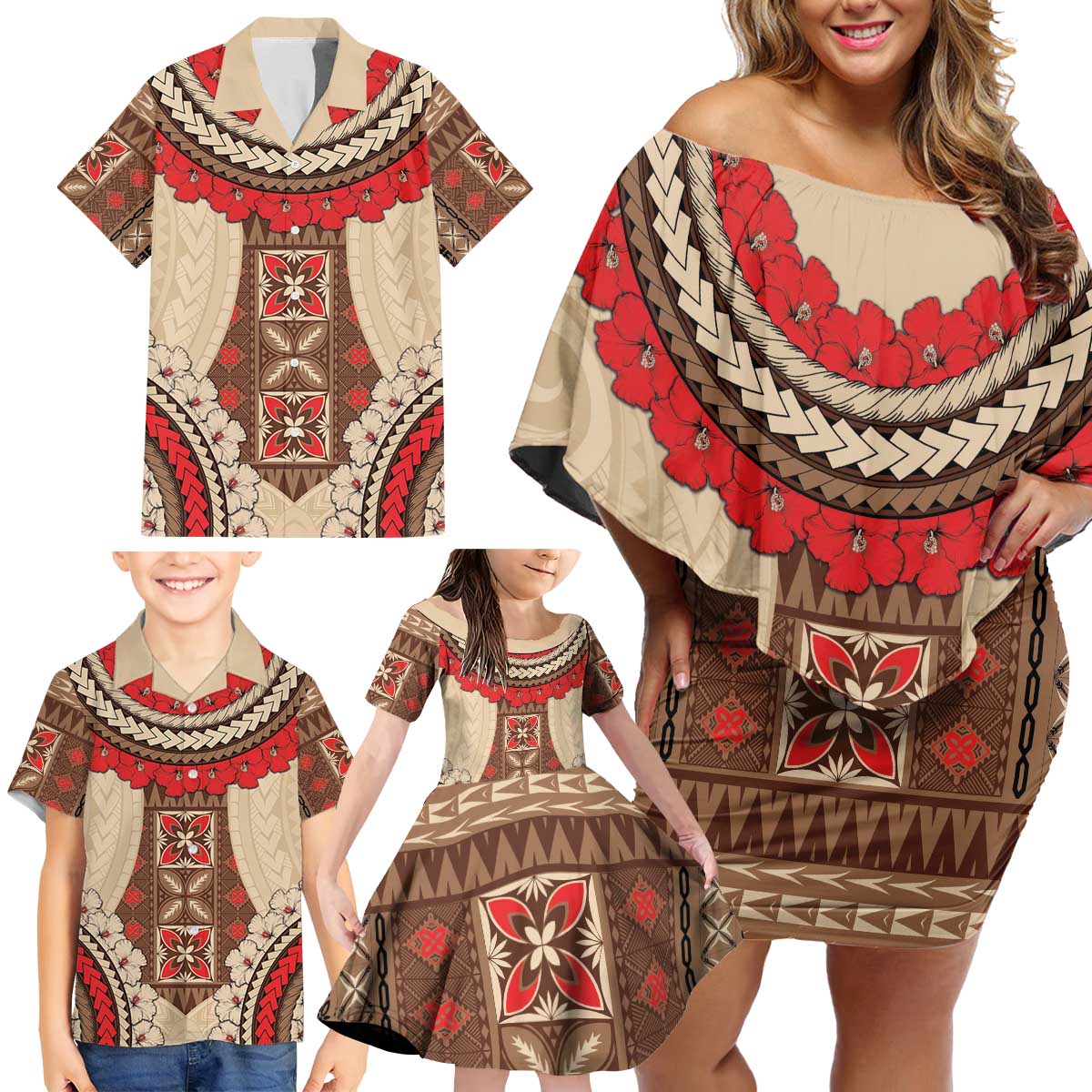 Samoa Language Week Family Matching Off Shoulder Short Dress and Hawaiian Shirt Samoan Motif With Red Hibiscus LT05 - Polynesian Pride