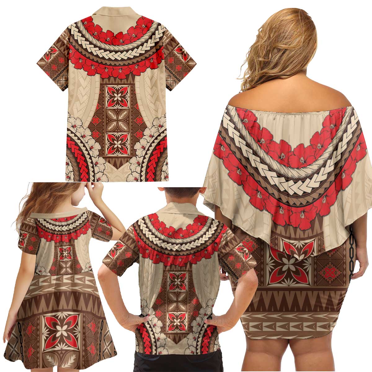 Samoa Language Week Family Matching Off Shoulder Short Dress and Hawaiian Shirt Samoan Motif With Red Hibiscus LT05 - Polynesian Pride