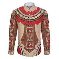 Samoa Language Week Family Matching Off Shoulder Short Dress and Hawaiian Shirt Samoan Motif With Red Hibiscus LT05 Dad's Shirt - Long Sleeve Beige - Polynesian Pride