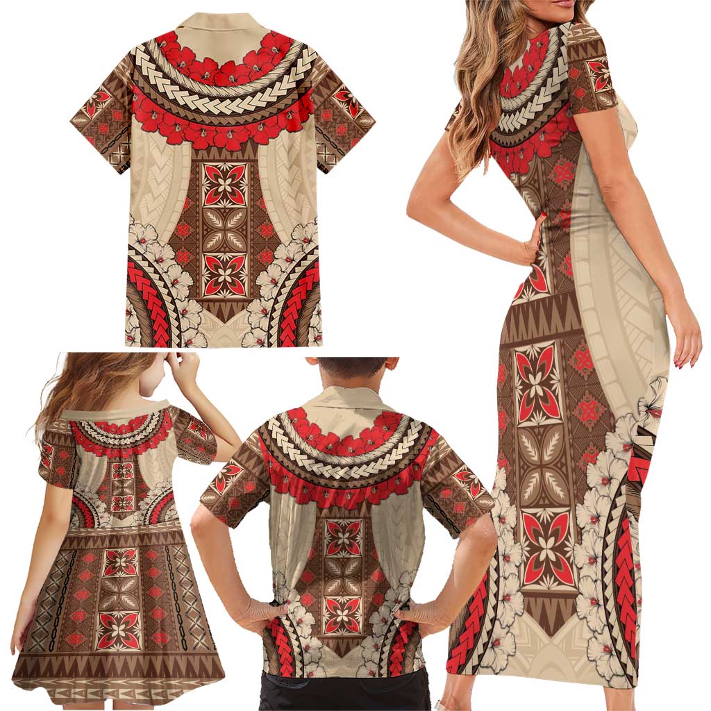 Samoa Language Week Family Matching Short Sleeve Bodycon Dress and Hawaiian Shirt Samoan Motif With Red Hibiscus LT05 - Polynesian Pride