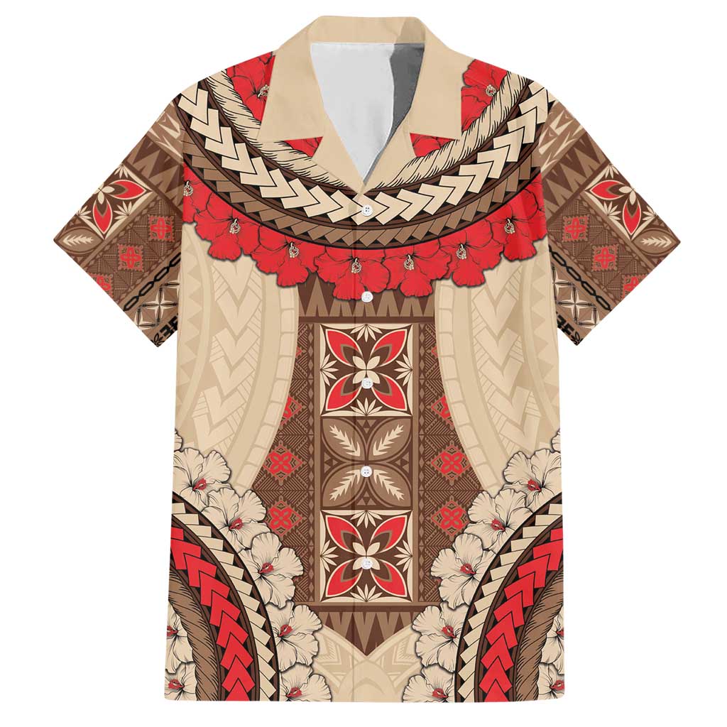 Samoa Language Week Family Matching Short Sleeve Bodycon Dress and Hawaiian Shirt Samoan Motif With Red Hibiscus LT05 Dad's Shirt - Short Sleeve Beige - Polynesian Pride