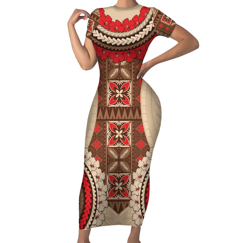 Samoa Language Week Family Matching Short Sleeve Bodycon Dress and Hawaiian Shirt Samoan Motif With Red Hibiscus LT05 Mom's Dress Beige - Polynesian Pride