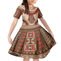 Samoa Language Week Family Matching Summer Maxi Dress and Hawaiian Shirt Samoan Motif With Red Hibiscus LT05 Daughter's Dress Beige - Polynesian Pride