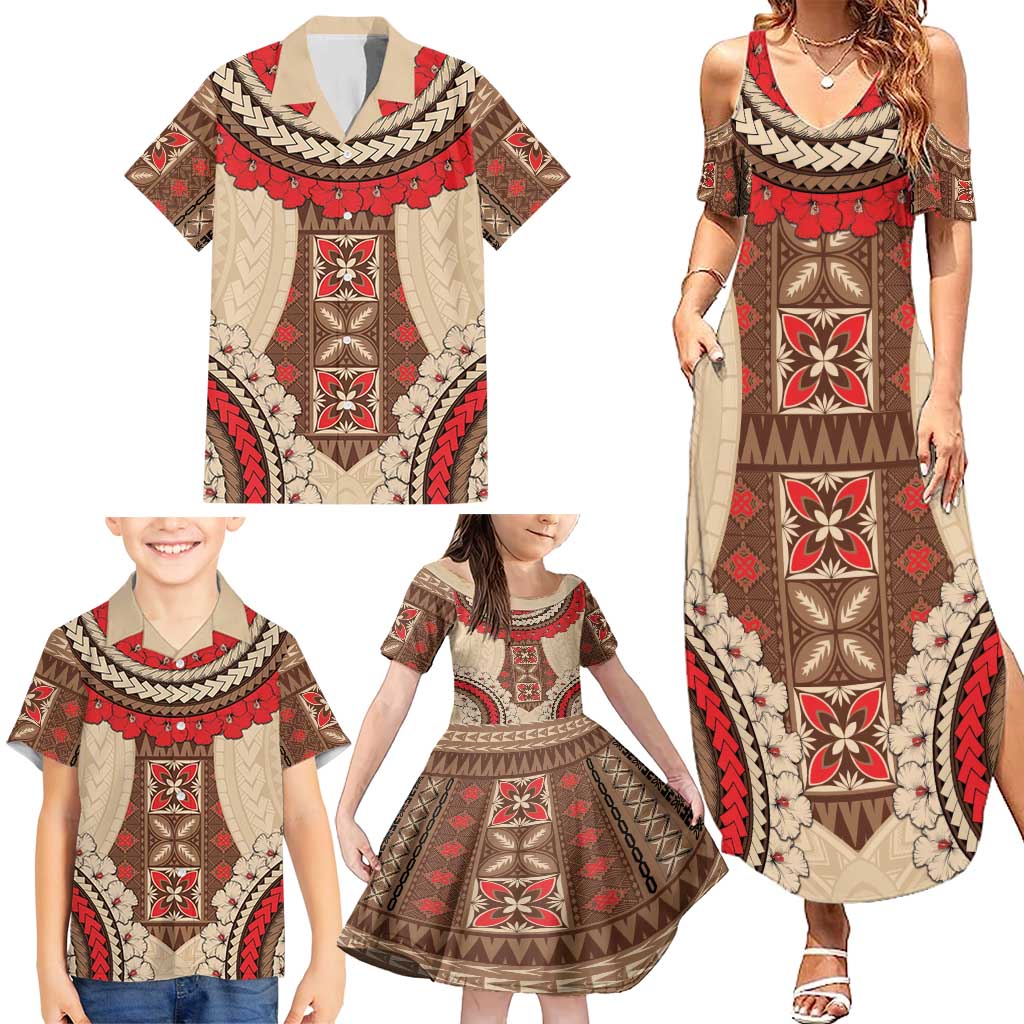 Samoa Language Week Family Matching Summer Maxi Dress and Hawaiian Shirt Samoan Motif With Red Hibiscus LT05 - Polynesian Pride