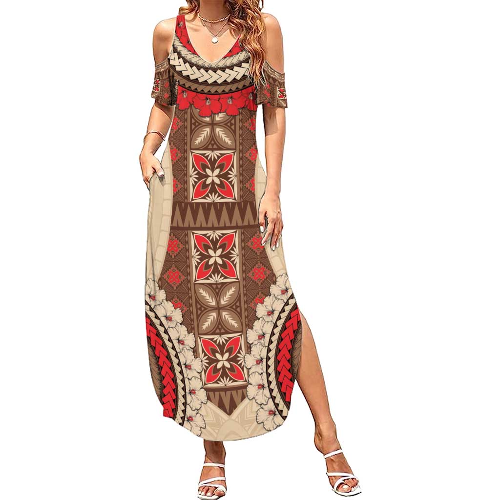 Samoa Language Week Family Matching Summer Maxi Dress and Hawaiian Shirt Samoan Motif With Red Hibiscus LT05 Mom's Dress Beige - Polynesian Pride