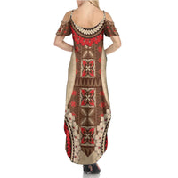 Samoa Language Week Family Matching Summer Maxi Dress and Hawaiian Shirt Samoan Motif With Red Hibiscus LT05 - Polynesian Pride