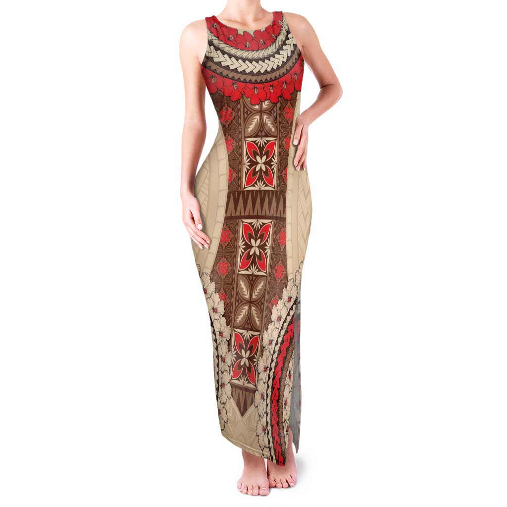 Samoa Language Week Family Matching Tank Maxi Dress and Hawaiian Shirt Samoan Motif With Red Hibiscus LT05 Mom's Dress Beige - Polynesian Pride