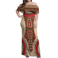 Samoa Language Week Off Shoulder Maxi Dress Samoan Motif With Red Hibiscus LT05 Women Beige - Polynesian Pride