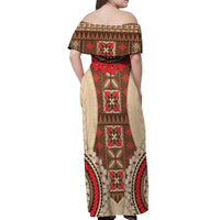 Samoa Language Week Off Shoulder Maxi Dress Samoan Motif With Red Hibiscus LT05 - Polynesian Pride