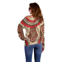 Samoa Language Week Off Shoulder Sweater Samoan Motif With Red Hibiscus
