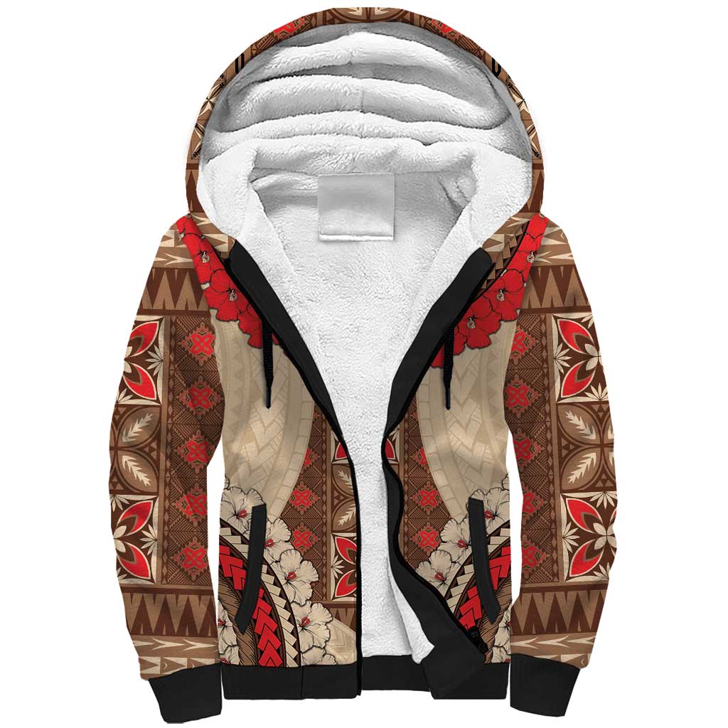 Samoa Language Week Sherpa Hoodie Samoan Motif With Red Hibiscus LT05 Unisex Beige - Polynesian Pride