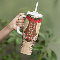 Samoa Language Week Tumbler With Handle Samoan Motif With Red Hibiscus