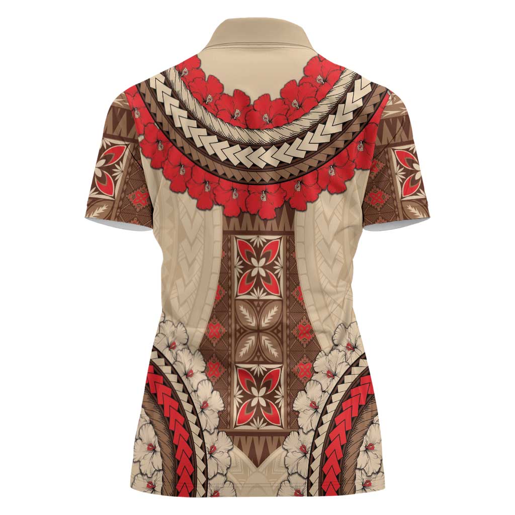 Samoa Language Week Women Polo Shirt Samoan Motif With Red Hibiscus