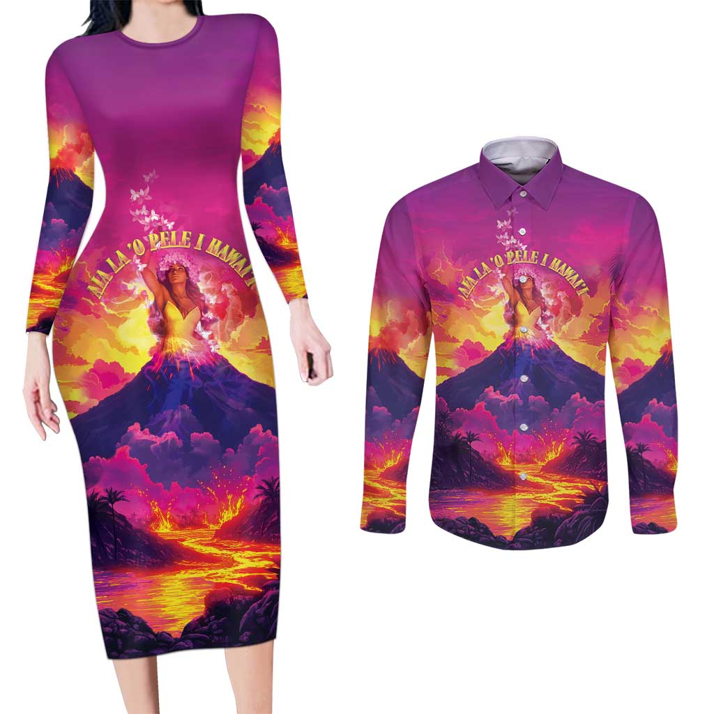 Hawaii Kilauea Volcano Couples Matching Long Sleeve Bodycon Dress and Long Sleeve Button Shirt There Is Pele Goddess Of The Volcano LT05 Purple - Polynesian Pride