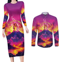 Hawaii Kilauea Volcano Couples Matching Long Sleeve Bodycon Dress and Long Sleeve Button Shirt There Is Pele Goddess Of The Volcano LT05 Purple - Polynesian Pride