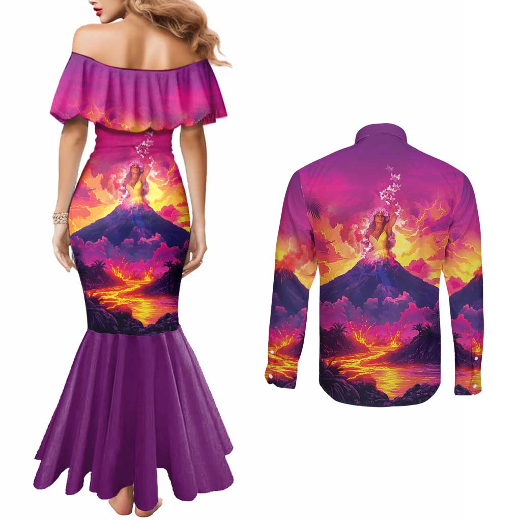 Hawaii Kilauea Volcano Couples Matching Mermaid Dress and Long Sleeve Button Shirt There Is Pele Goddess Of The Volcano LT05 - Polynesian Pride