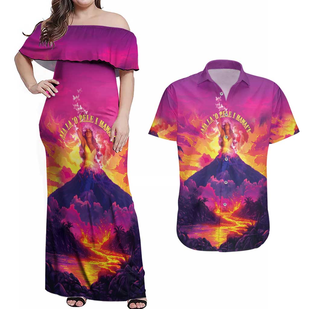 Hawaii Kilauea Volcano Couples Matching Off Shoulder Maxi Dress and Hawaiian Shirt There Is Pele Goddess Of The Volcano LT05 Purple - Polynesian Pride
