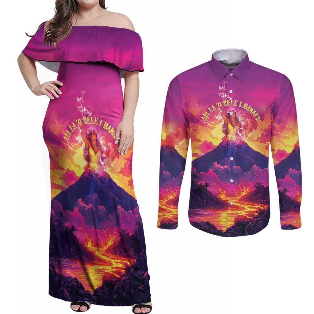 Hawaii Kilauea Volcano Couples Matching Off Shoulder Maxi Dress and Long Sleeve Button Shirt There Is Pele Goddess Of The Volcano LT05 Purple - Polynesian Pride