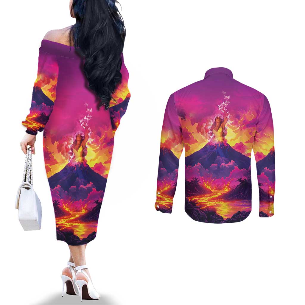 Hawaii Kilauea Volcano Couples Matching Off The Shoulder Long Sleeve Dress and Long Sleeve Button Shirt There Is Pele Goddess Of The Volcano LT05 - Polynesian Pride