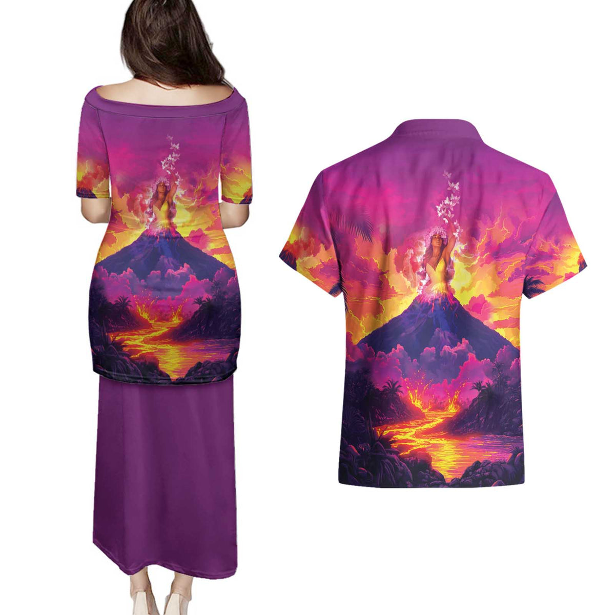 Hawaii Kilauea Volcano Couples Matching Puletasi and Hawaiian Shirt There Is Pele Goddess Of The Volcano LT05 - Polynesian Pride