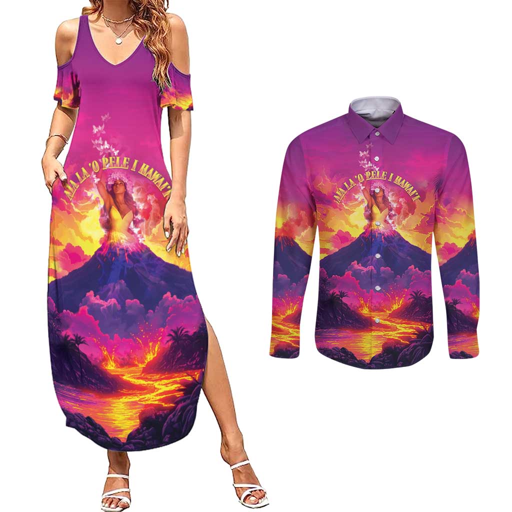 Hawaii Kilauea Volcano Couples Matching Summer Maxi Dress and Long Sleeve Button Shirt There Is Pele Goddess Of The Volcano LT05 Purple - Polynesian Pride
