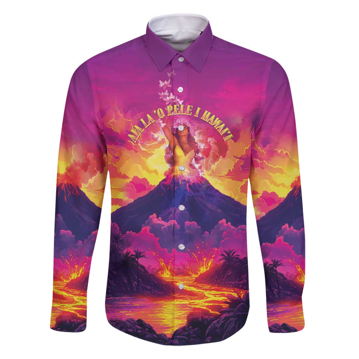 Hawaii Kilauea Volcano Family Matching Off The Shoulder Long Sleeve Dress and Hawaiian Shirt There Is Pele Goddess Of The Volcano LT05 Dad's Shirt - Long Sleeve Purple - Polynesian Pride