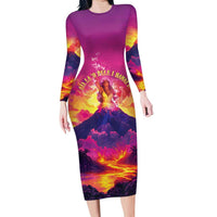 Hawaii Kilauea Volcano Long Sleeve Bodycon Dress There Is Pele Goddess Of The Volcano LT05 Long Dress Purple - Polynesian Pride