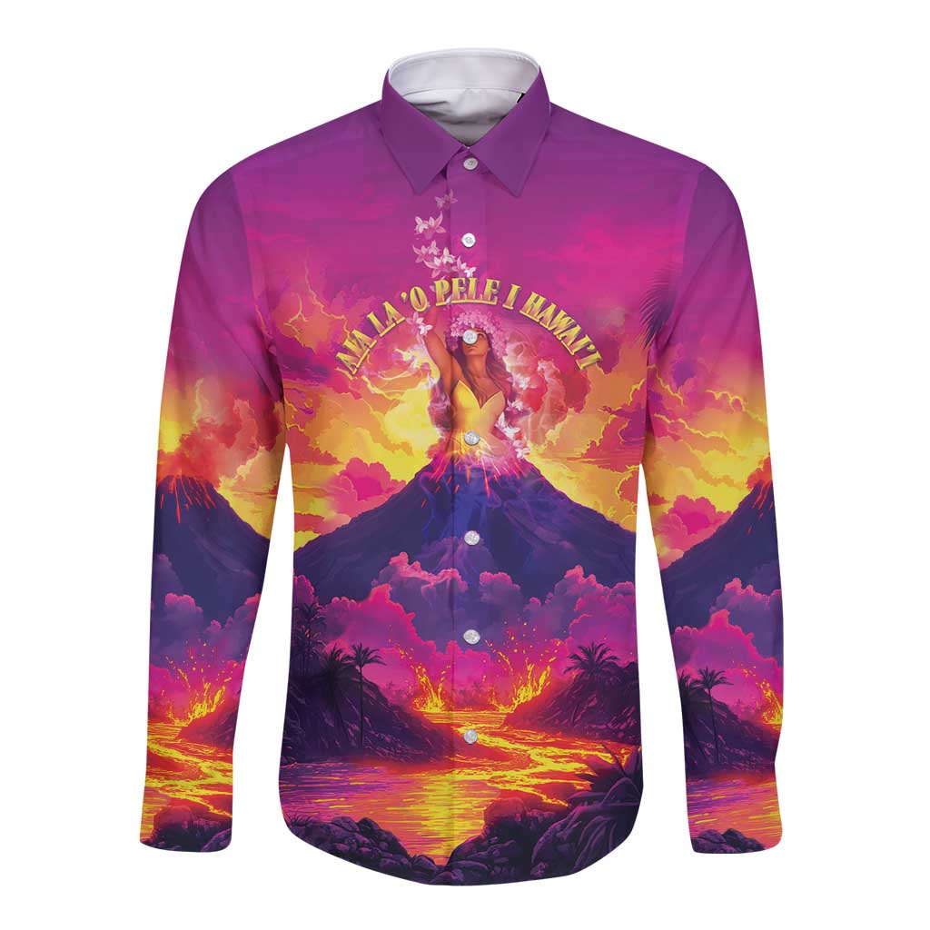 Hawaii Kilauea Volcano Long Sleeve Button Shirt There Is Pele Goddess Of The Volcano LT05 Unisex Purple - Polynesian Pride