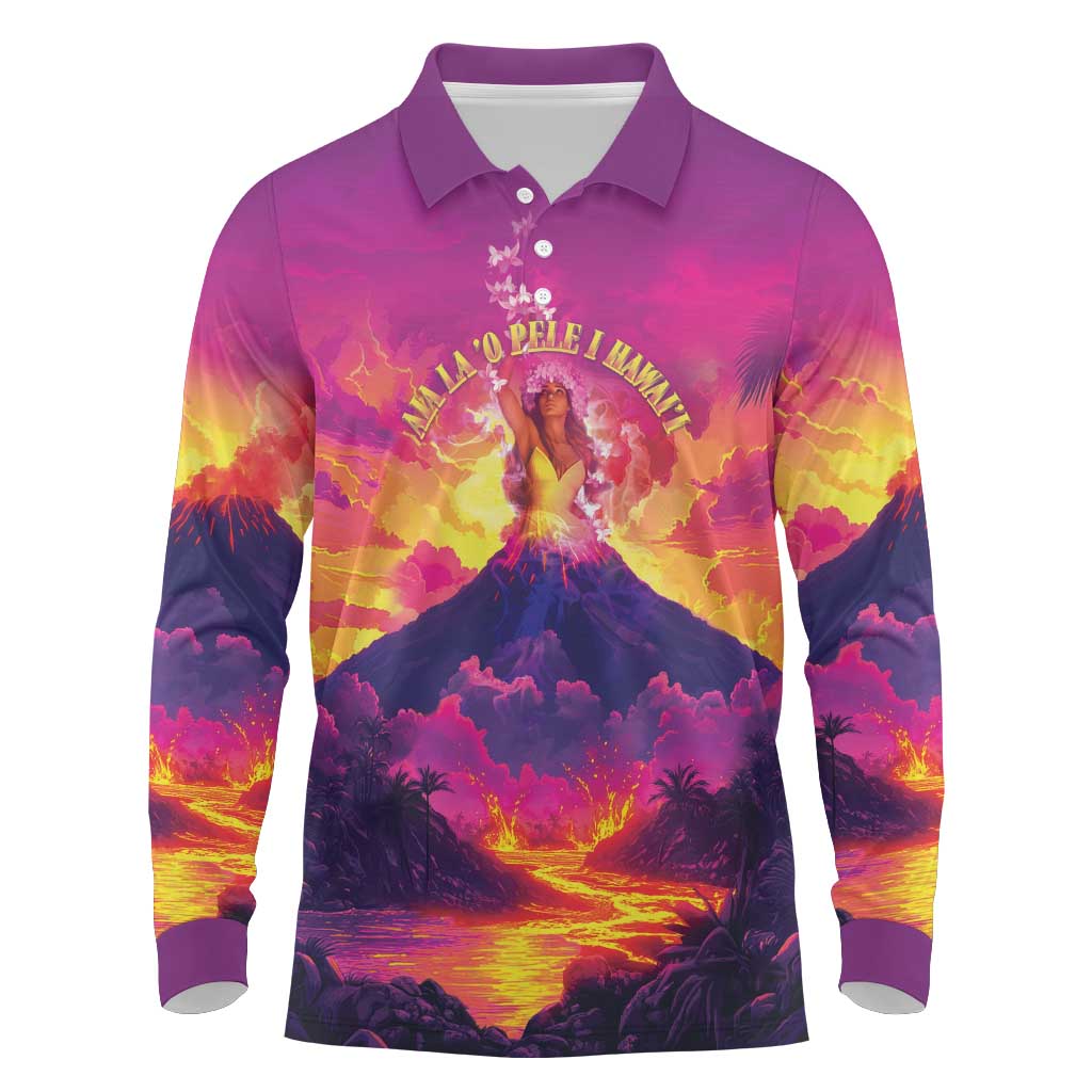 Hawaii Kilauea Volcano Long Sleeve Polo Shirt There Is Pele Goddess Of The Volcano LT05 Purple - Polynesian Pride