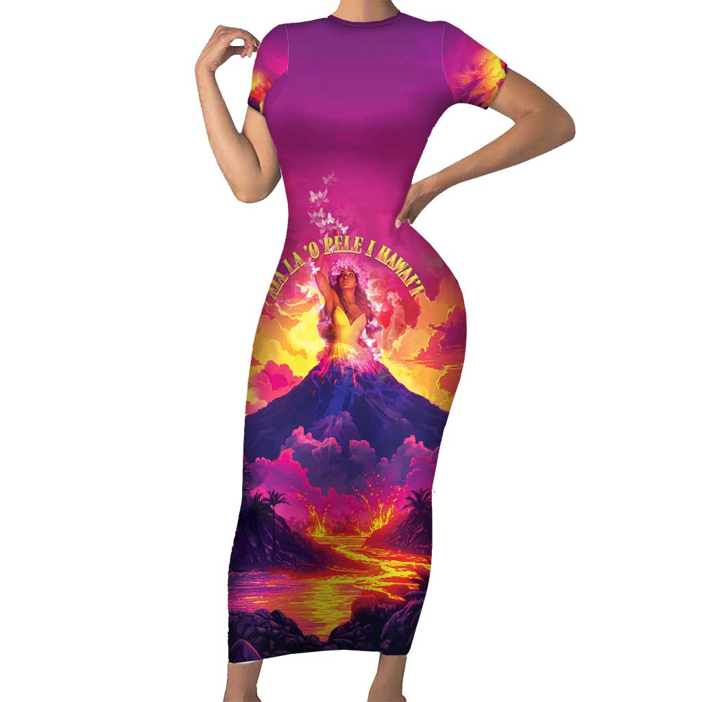 Hawaii Kilauea Volcano Short Sleeve Bodycon Dress There Is Pele Goddess Of The Volcano LT05 Long Dress Purple - Polynesian Pride