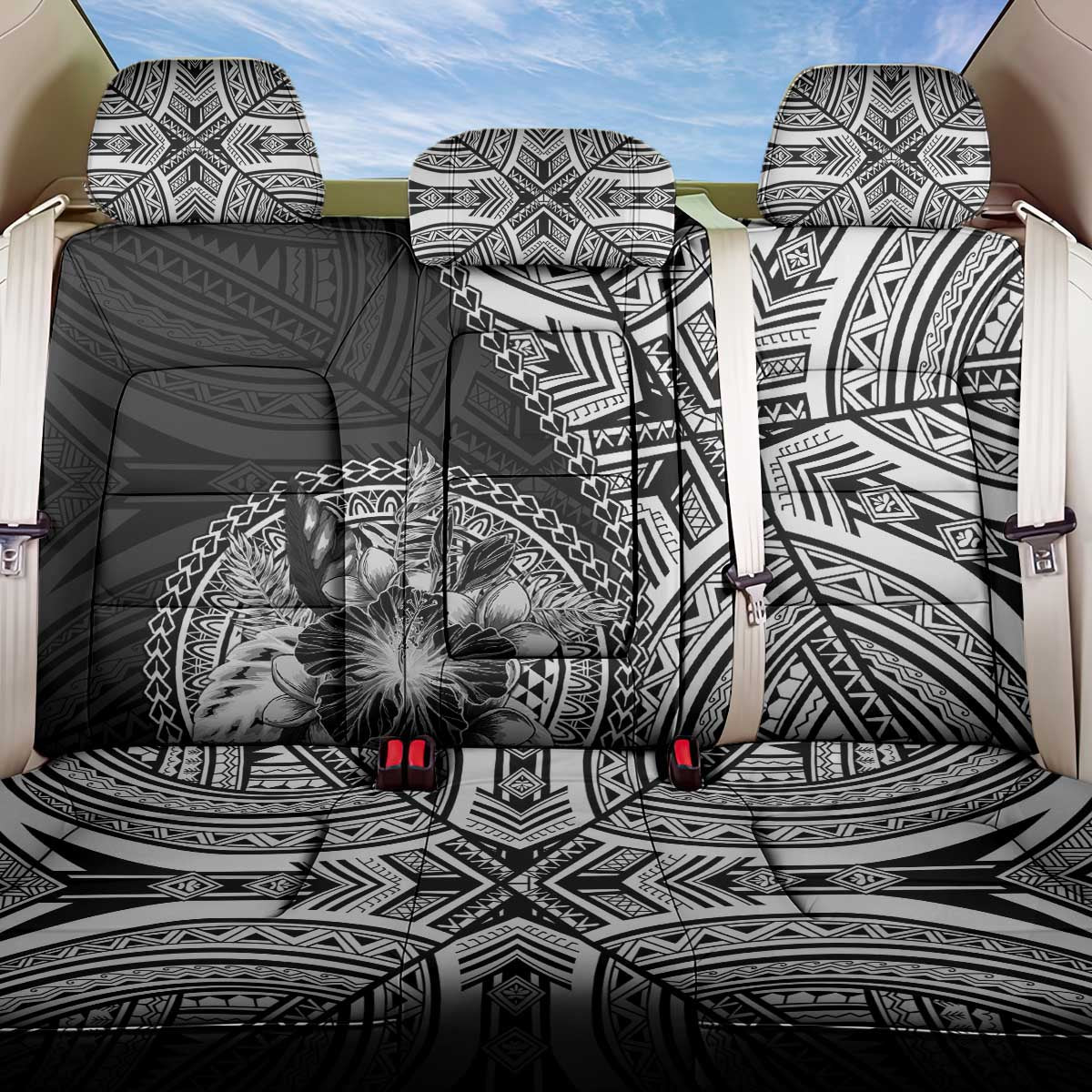 Hibiscus With Black Austronesian Tattoo Pattern Back Car Seat Cover LT05 One Size Black - Polynesian Pride