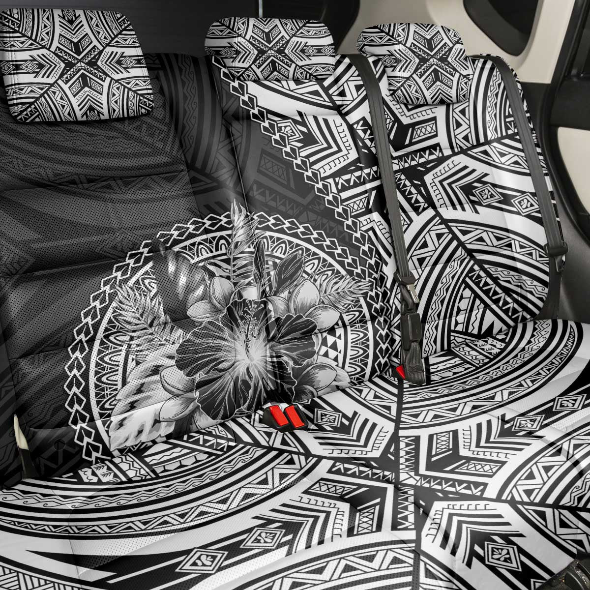 Hibiscus With Black Austronesian Tattoo Pattern Back Car Seat Cover LT05 - Polynesian Pride
