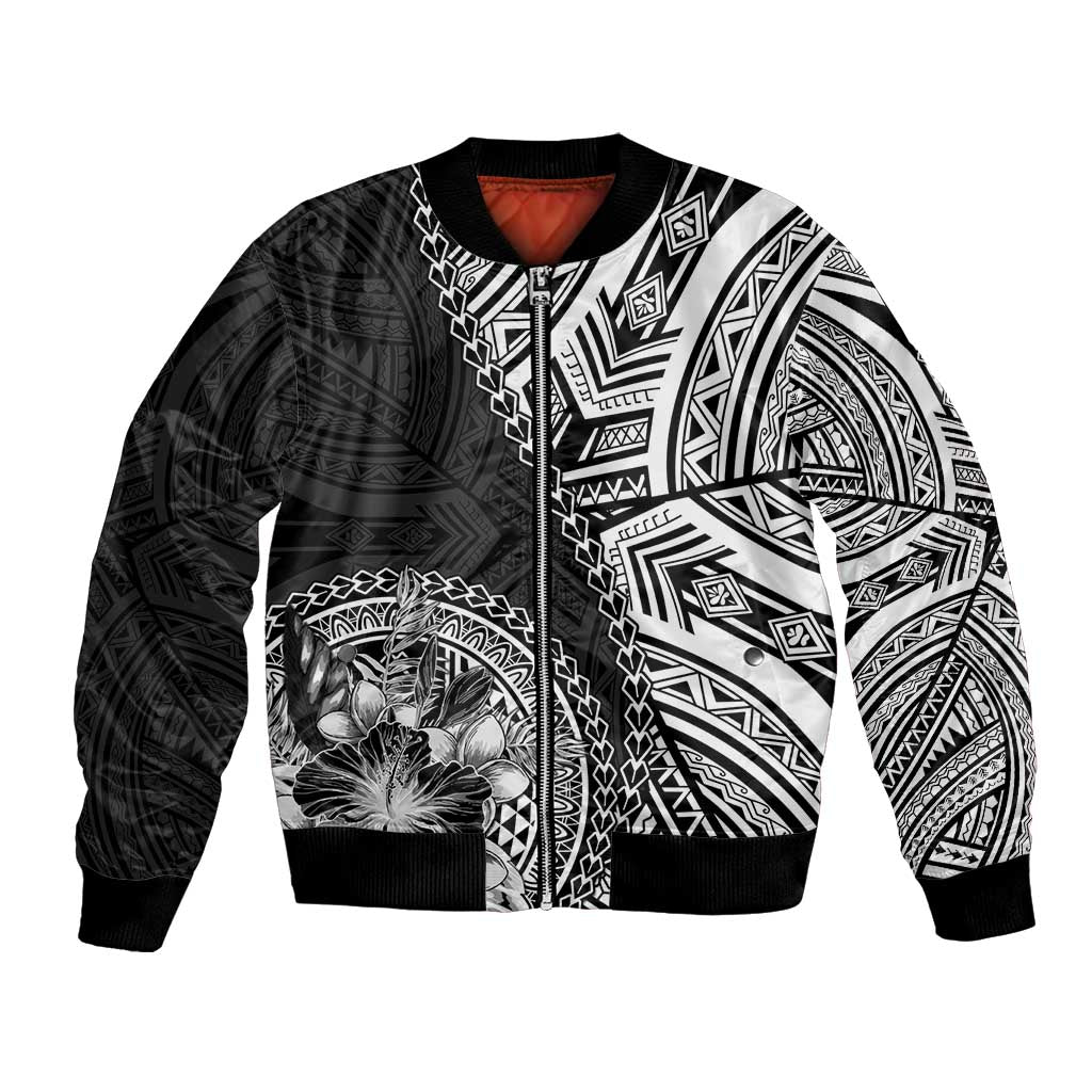 Hibiscus With Black Austronesian Tattoo Pattern Bomber Jacket LT05 Unisex Black - Polynesian Pride