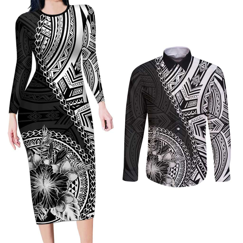 Hibiscus With Black Austronesian Tattoo Pattern Couples Matching Long Sleeve Bodycon Dress and Long Sleeve Button Shirt LT05 Black - Polynesian Pride